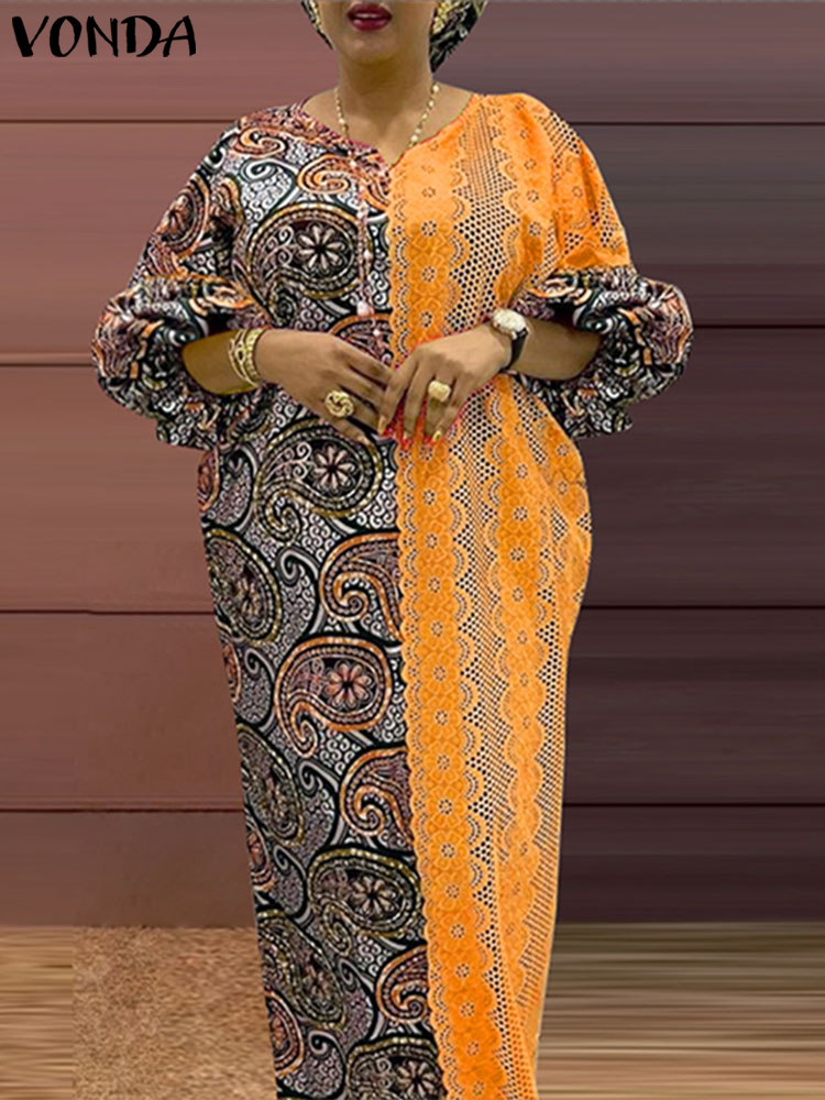 Plus size vonda 2024 elegante floral impresso maxi vestido vintage longo robes solto férias casual com decote em v vestido de verão oversized