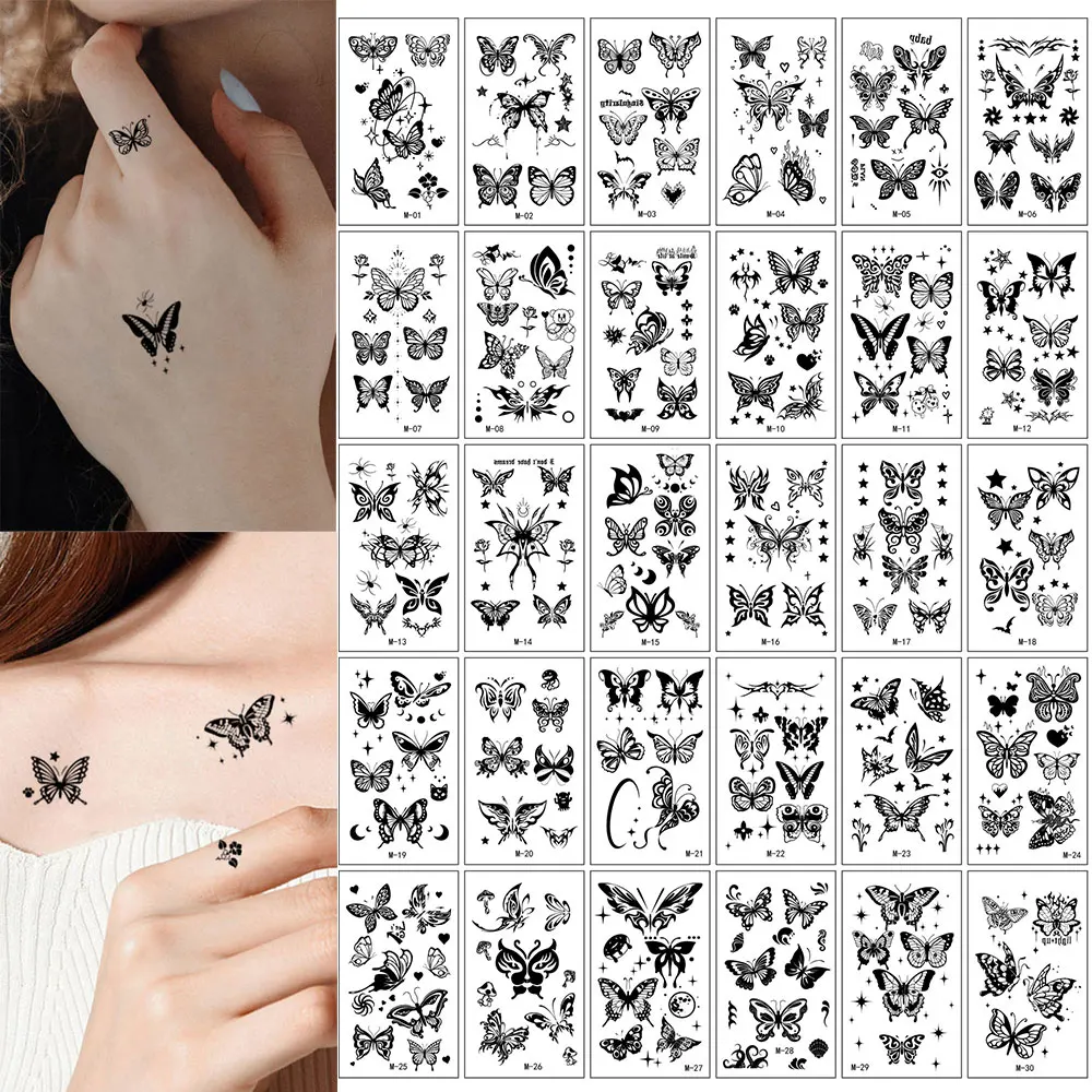 30 Stück schwarze Schmetterlings-Fake-Tattoo für Frauen, wasserdicht, temporäre Tattoos, geeignet für Arm, Körper, realistische Tattoo-Aufkleber für Mädchen