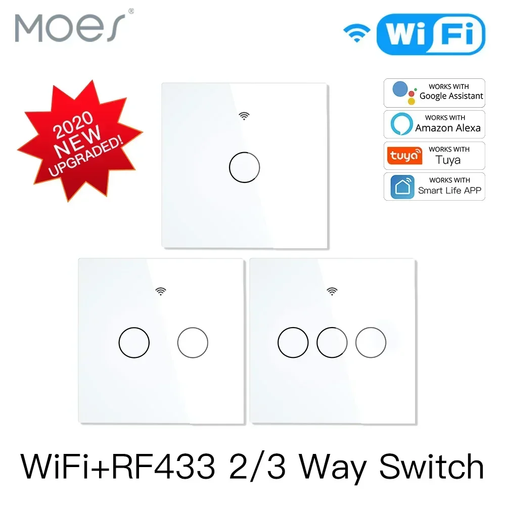 MOES nuevo WiFi RF433 Interruptor táctil inteligente 2/3 vías Smart Life/Control por aplicación Tuya, Alexa Google Home Control de voz 1/2/3 Gang EU
