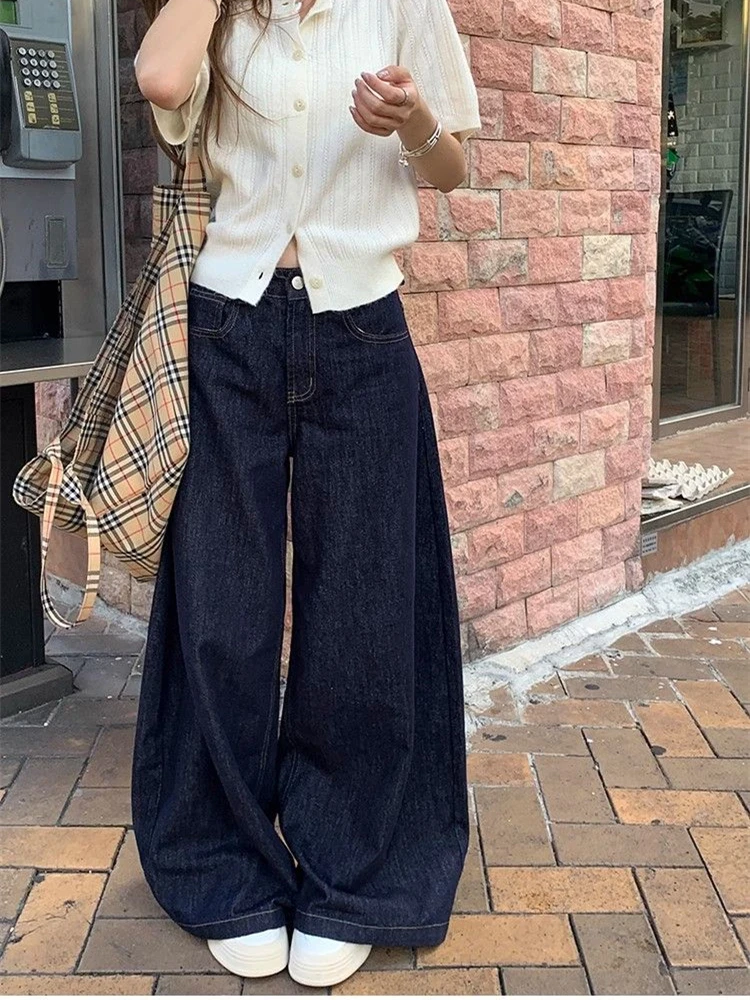 女性のディープブルールーズワイドレッグジーンズストリートクールガールハイウエストだぶだぶのパンツ女性カジュアルストレートデニムパンツ