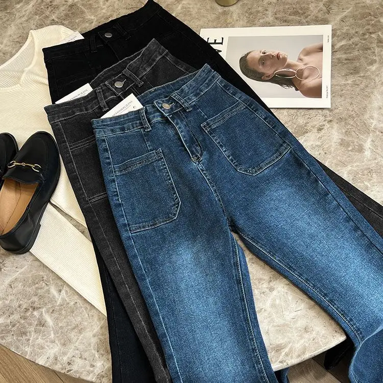 Pantalones vaqueros holgados de cintura alta para mujer, Vaqueros ajustados con bolsillos, acampanados, clásicos, elásticos, rectos, combinan con todo