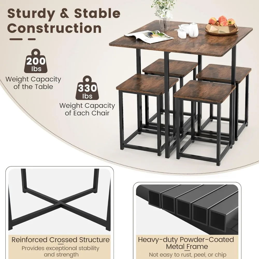 Compact Dining Table Set for 4, Small Kitchen Table Set with Square Stools and Metal Frame, Perfect for Small Spaces