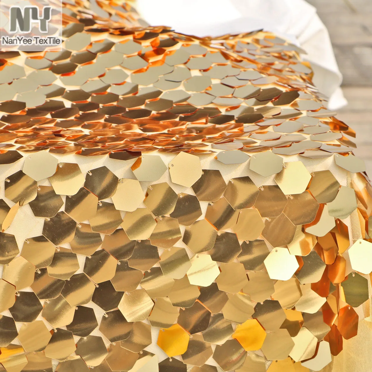 New Arrival Big Large Reflective Silver Gold Hexagon Shape Speical Embroidery Sequin Netting Fabrics Paillette On Polyester Mesh