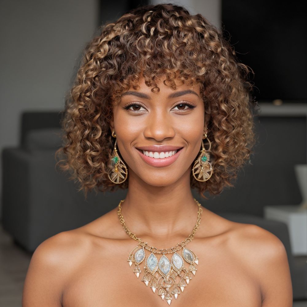 4/27# Kinky Curly Bob Wig, With Bangs Curly Pixie CutGlueless Wigs Machine Made Brazilian Human Hair Wigs, For Black Women