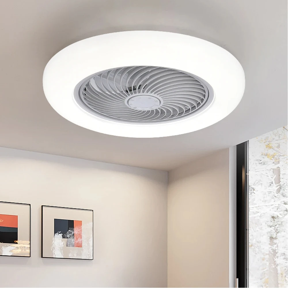 Ventilatori da soffitto intelligenti con luci Telecomando Decorazioni per la camera da letto Lampada da ventilatore Lame invisibili dell'aria da 52 cm Silenzioso