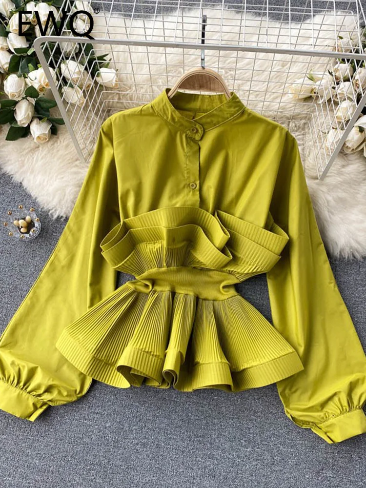 EWQ Women Puff Long Sleeve Shirt Pleated Ruffle Blouse Patchwork Temperament Y2k Top Slim Waist Shirt Sweet Korea Summer 2025