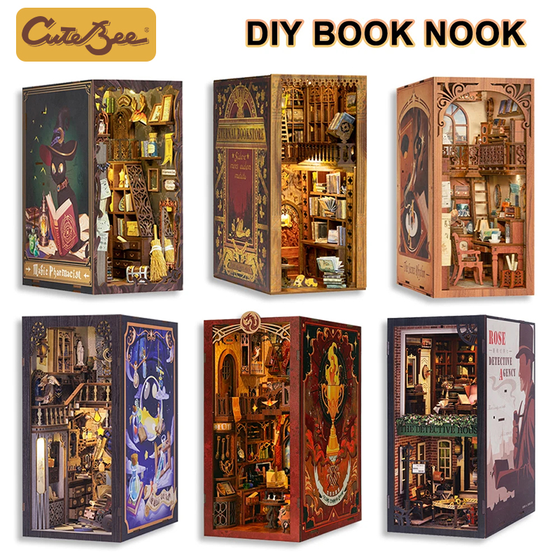 CUTEBEE DIY Book Nook Doll House z oświetleniem LED Osłona przeciwpyłowa Półka na książki Wkładka Dekoracja Model na prezent urodzinowy Eternal Bookstore