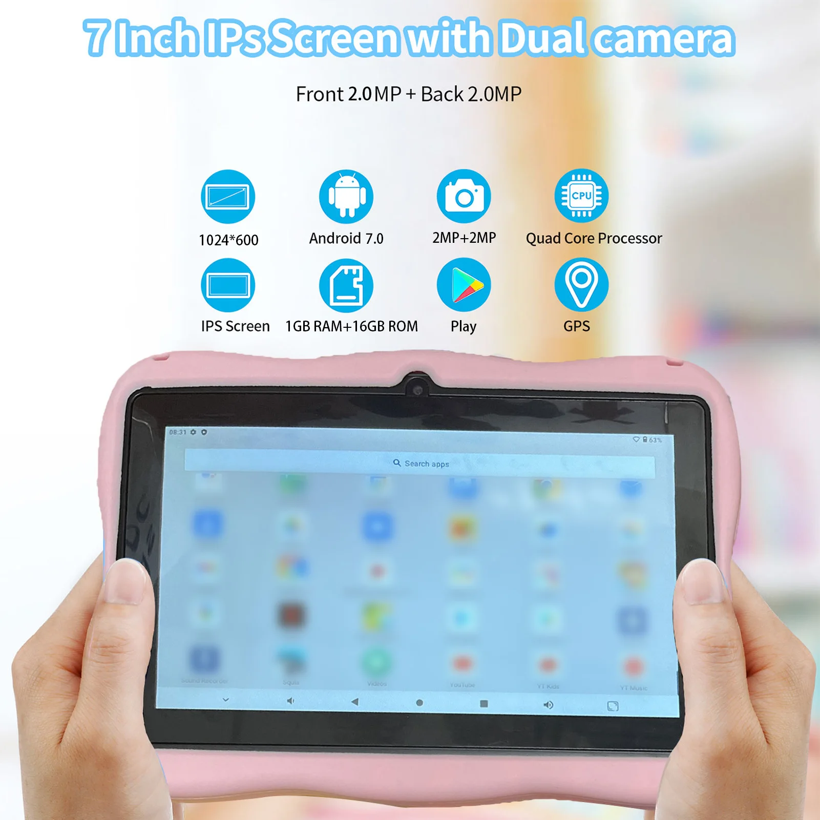 7-Zoll-HD-Display für Kinder, Tablets für Android 7.0, Speicher 1+16G und Dual-Kamera, 200 W, frühe pädagogische Lernmaschine