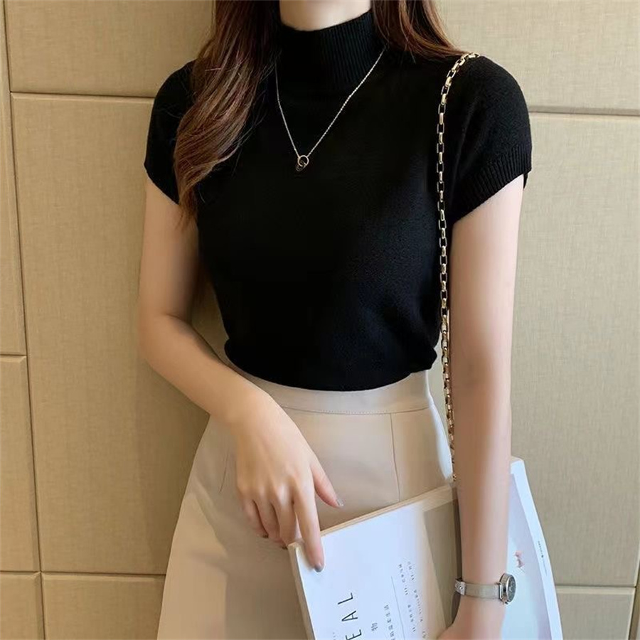 Blusa de manga corta para mujer, camisa de punto con cuello alto, moda de verano, DF4908