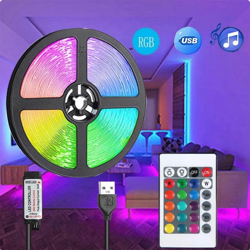 Tira de luces LED RGB de 5V con Control remoto por infrarrojos USB de 24 teclas para cambio de Color brillo SMD adecuado para decoración navideña