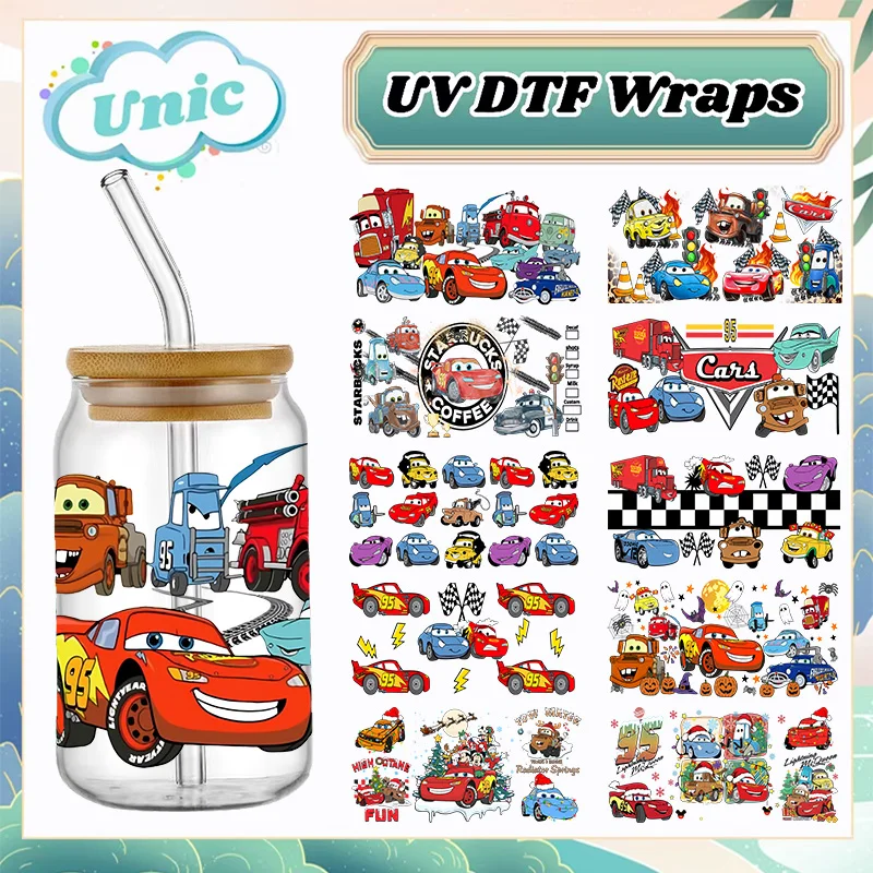 Pegatina de transferencia UV DTF con patrón de coches de dibujos animados de Disney, calcomanías de transferencia impermeables para pegatinas de envoltura de vasos de vidrio de 16oz