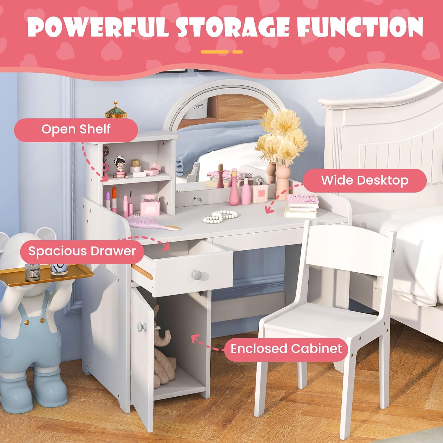 Kids Vanity, Princess Makeup Desk and Chair Set with Lights Mirror Drawer Storage Shelves, Wooden Dressing Table, Pretend Play