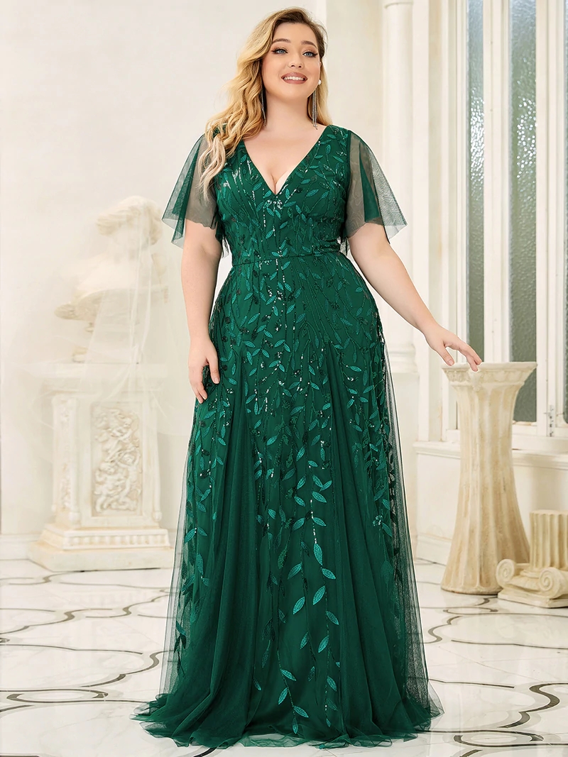 Abendkleider in Übergröße, lang, A-Linie, tiefer V-Ausschnitt, halbe Ärmel, bodenlanges Kleid 2025, Ever Pretty of Gauze, dunkelgrünes Damenkleid