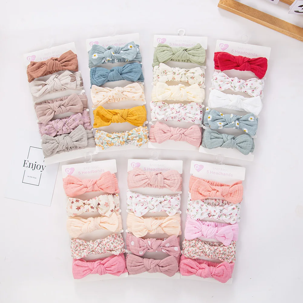 5 unids/set de diadema de lino y algodón de muselina lisa para bebé, banda elástica para el pelo con Orejas de conejo, turbante para niña, accesorios elásticos