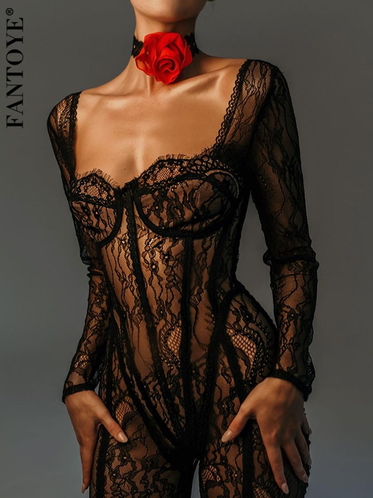 Fantoye Sexy Durchsichtig Spitze Floral Frauen Overall Weiß Langarm Aushöhlen Overall Herbst Bodycon Elegante Party Clubwear