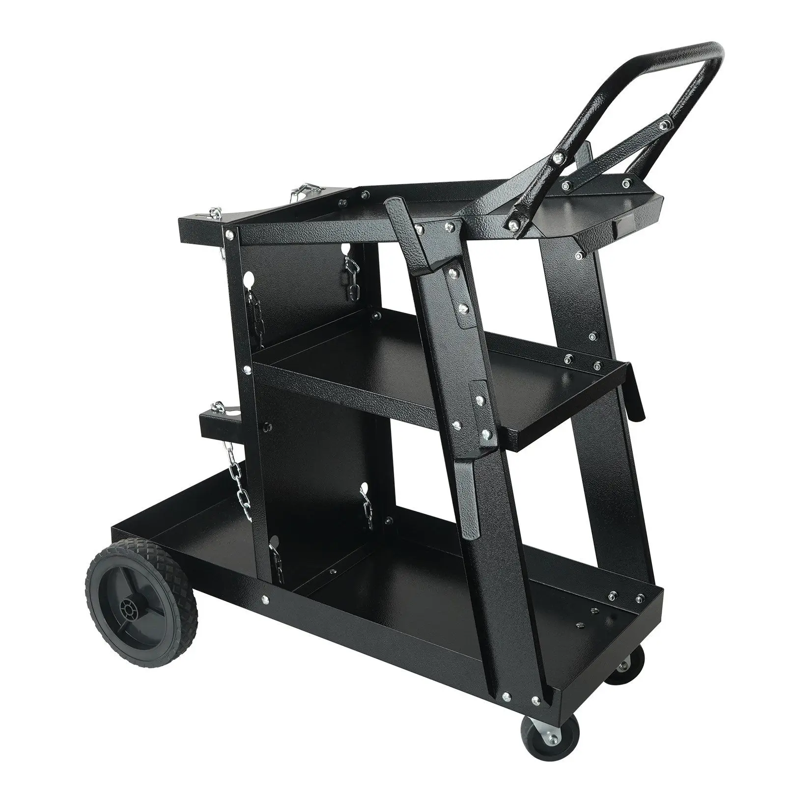3-Tier Heavy Duty Welding Cart–400 lbs capacity,360°swivel wheels, safety chains, and tank storage. Fits MIG and plasma cutters.