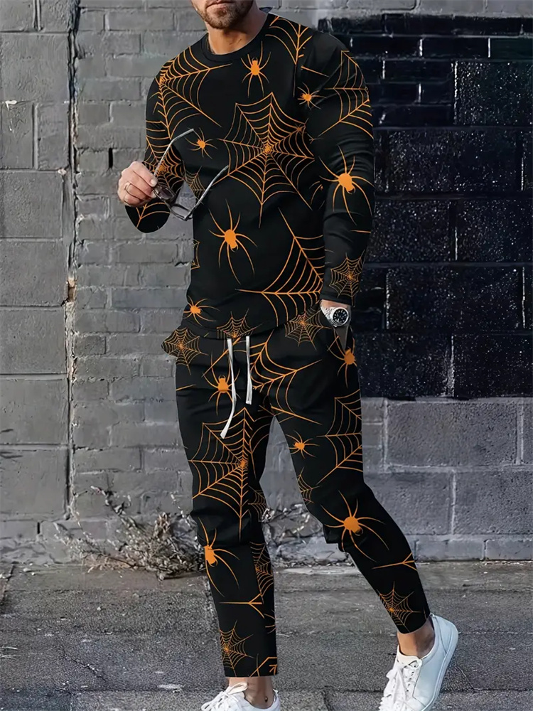 秋のメンズスポーツウェアスーツメンズ長袖 Tシャツ長ズボンスーツレトロキルティングプリントカジュアルストリートトップスツーピース服