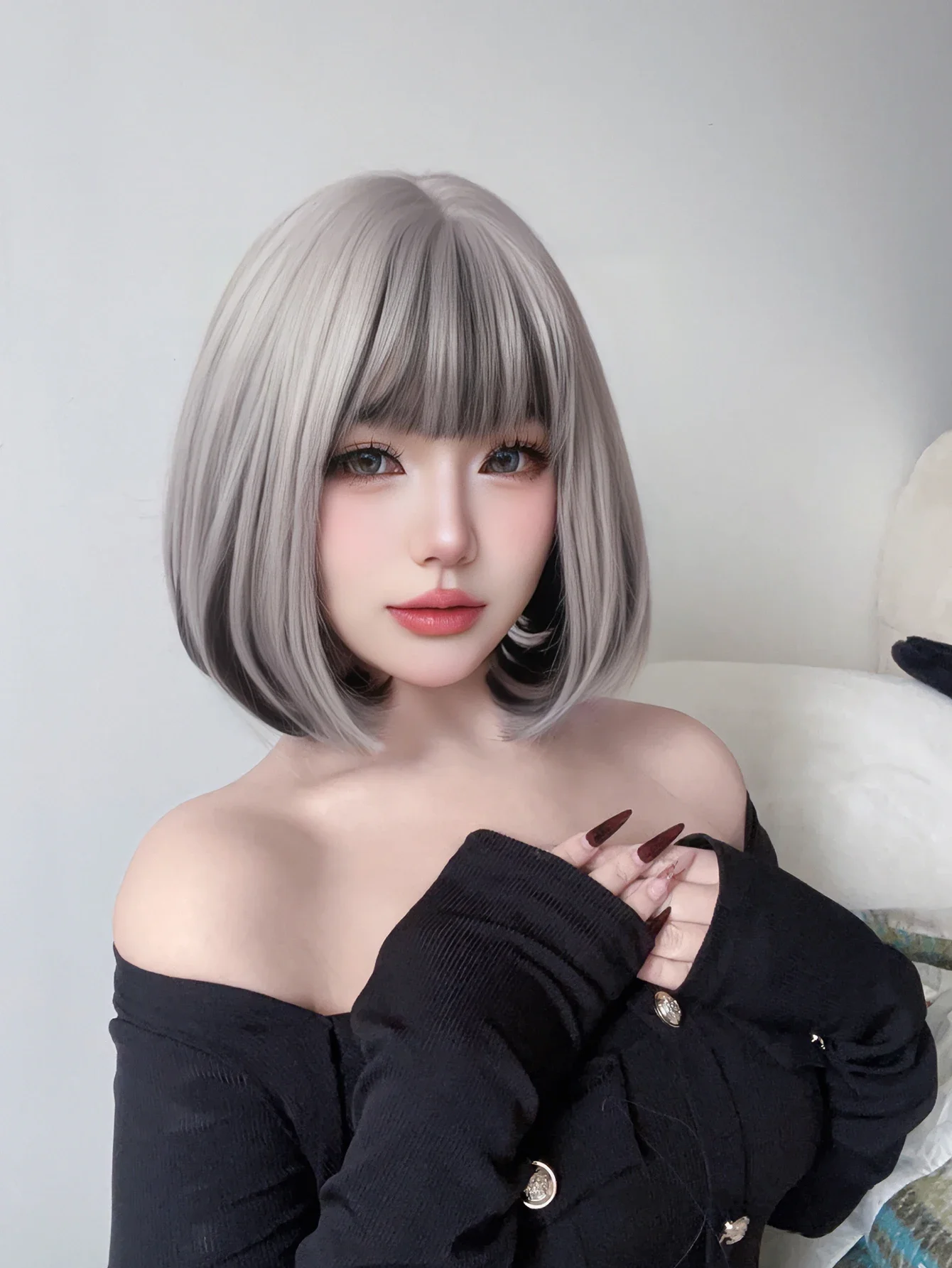 女性用合成かつら,短い天然ストレートヘア,グレーとブラック,ロリータスタイル,耐熱性,12in