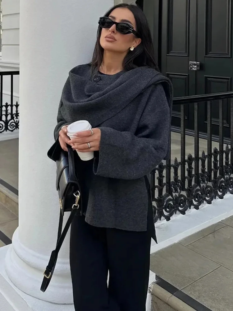 ZBZAผู้หญิงไม่สมมาตรผ้าพันคอถักเสื้อO-คอปุ่มด้านข้างหลวมเสื้อฤดูหนาวใหม่หญิงเก๋Outerwear