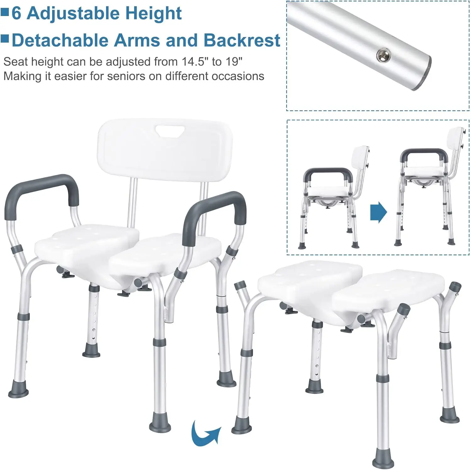 Shower Stool with Hygiene Cut-Out, 6 Height Adjustable Shower Chair with Backrest Armrests Load up to 180kg with Non-Slip