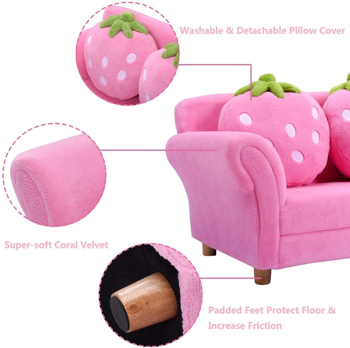 Toddler Couch with Strawberry Pillows, Kids Upholstered Loveseat, Coral Fleece, Wood Frame, Pink