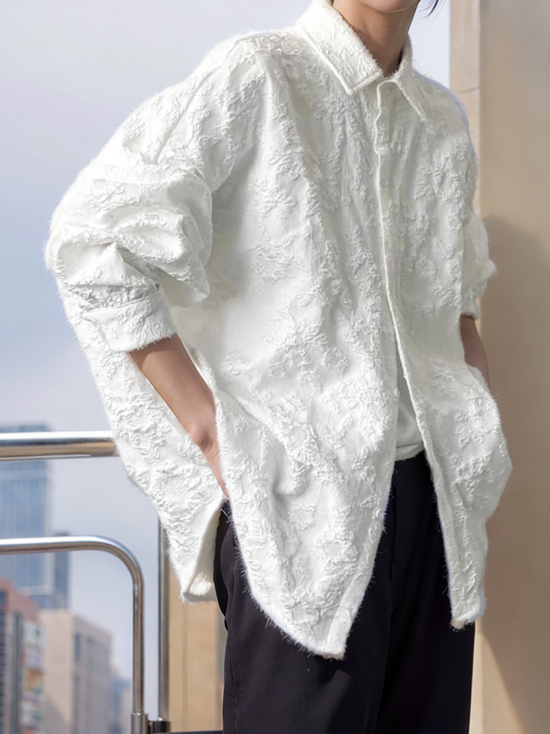 2xl branco novo amassado jacquard camisa solta moda cor sólida casual turn-down colarinho topo novo all-match bat asa manga p7w