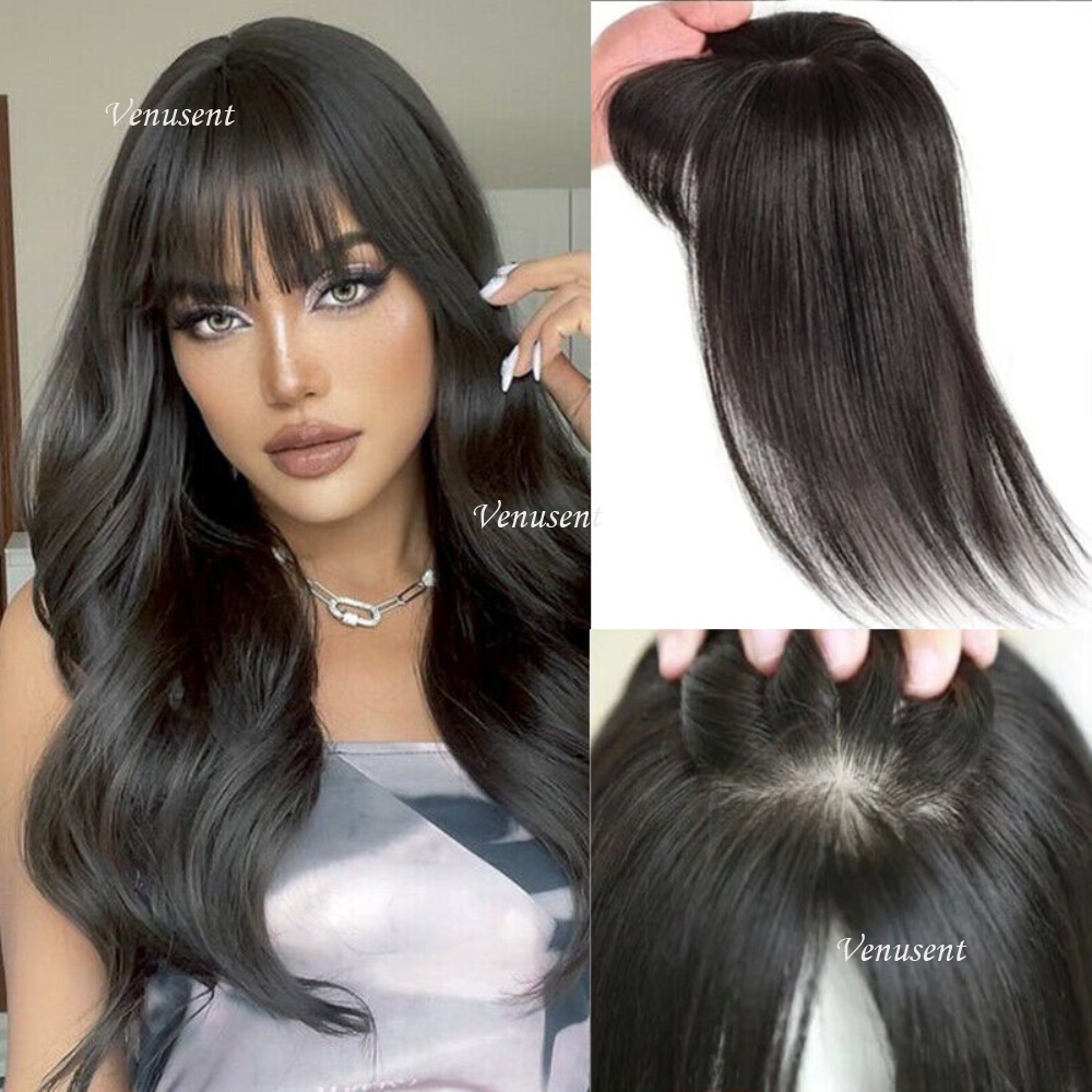 4D Fringe Overlay Silk Base Human Hair Topper with Bangs For Women Virgin European Hair Silk Scalp Top Toupee Hair Piece 6"x6‘“