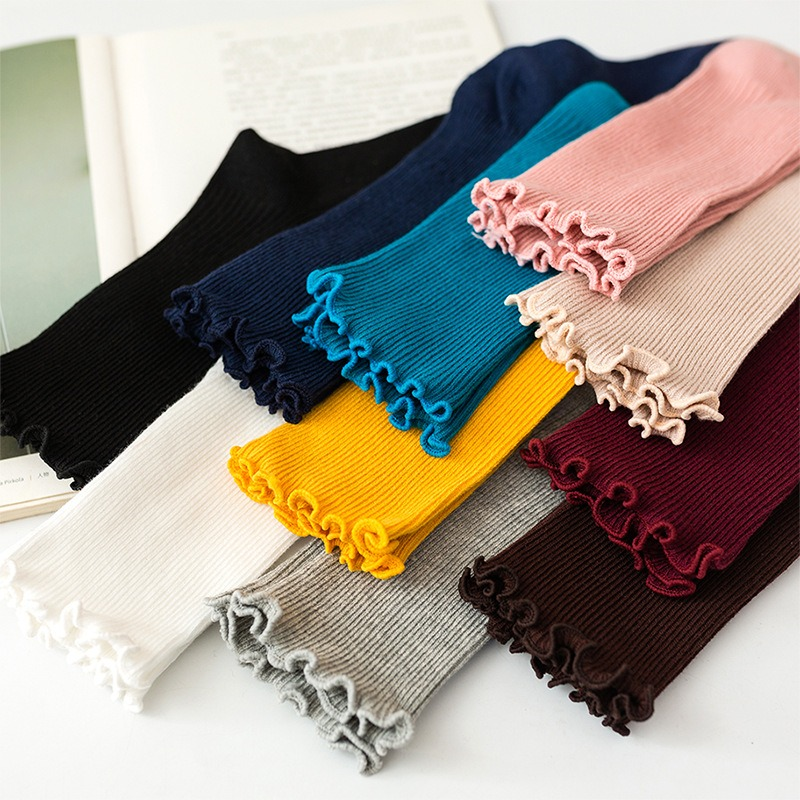 Calcetines apilables de algodón para mujer, media pantorrilla, color sólido, ribete con volantes, estilo vintage, calcetines casuales para todas las estaciones, EU 35-40 (1 3 5 pares)