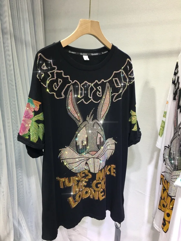 Top oversize z diamentami i dekoltem w kształcie litery "o", nadruk w piwonek, modny damski T-shirt z krótkim rękawem