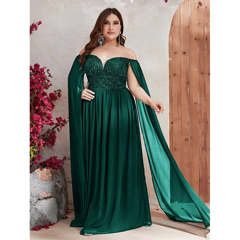 Plus Size Off Shoulder Cape Sleeve Sequined Loose Shiny Long Evening Gown Big Size Elegant Chiffon 5XL 6XL Evening Dreeses f