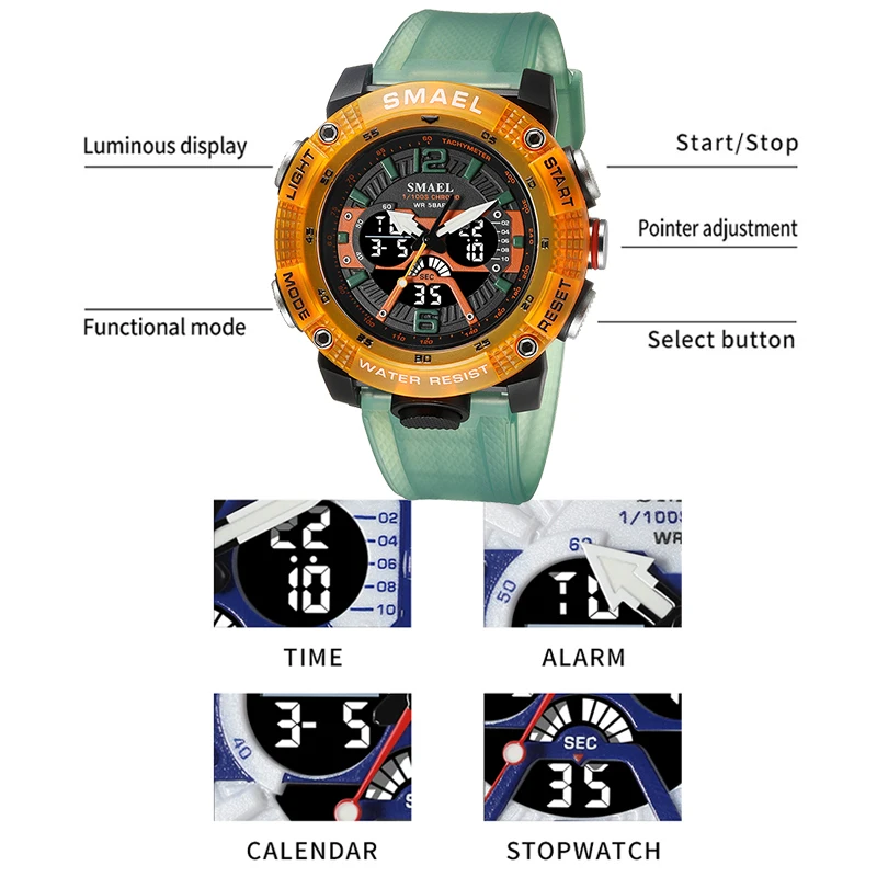 Relojes deportivos impermeables SMAEL reloj masculino pantalla LED Digital cronómetro analógico de cuarzo moda verde naranja reloj 8058 hombres reloj
