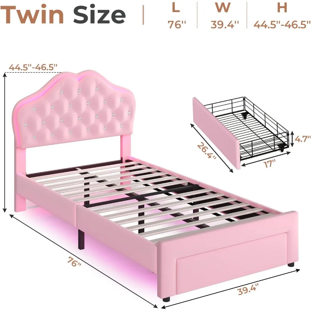 Twin Size Girl Bed with Storage Drawer & LED Lights, Upholstered Platform Bed, Adjustable Headboard with Velvet Crystal Button P