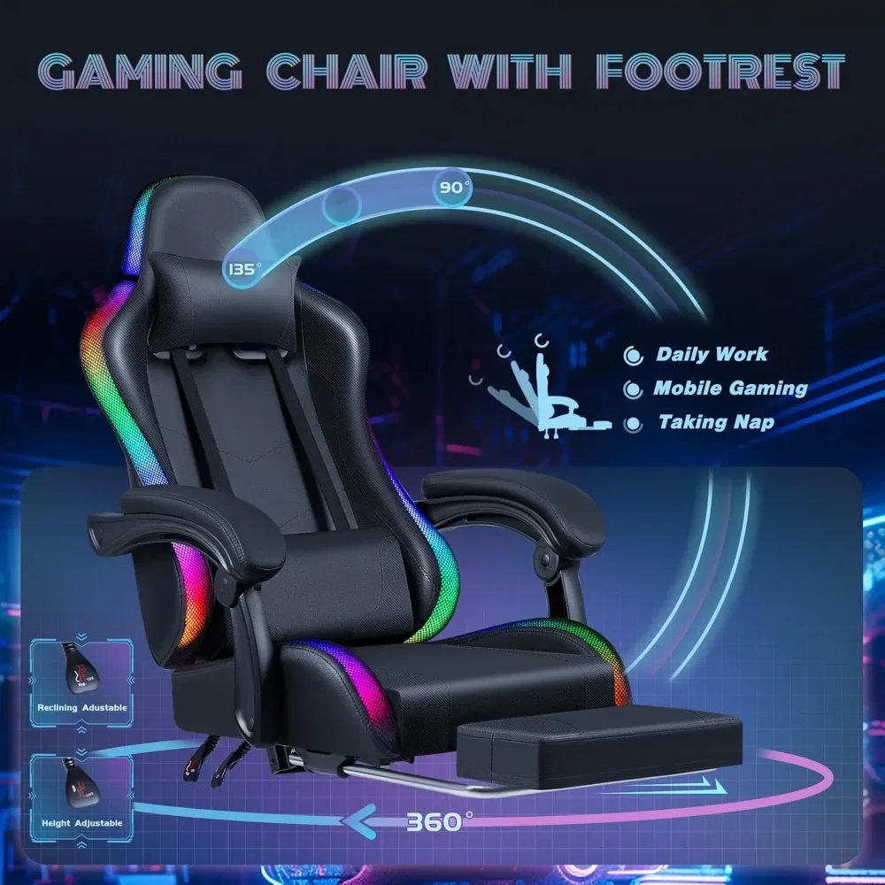 Gaming Chair with RGB LED Lights, Video Game Chair with Footrest and Massage Lumbar Support, High Back Reclining
