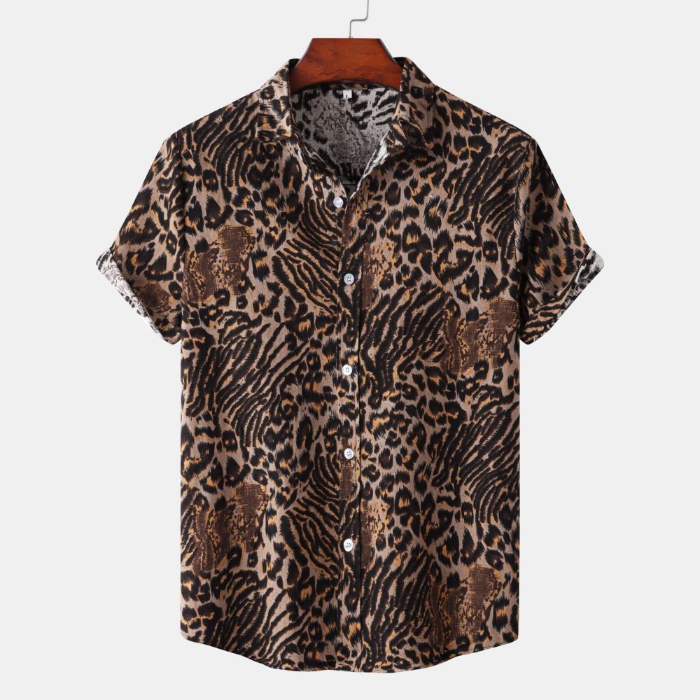 Camisa de manga corta de leopardo a la moda para hombre, camisa elegante holgada de gran tamaño con solapa, tendencia informal con botones, ropa para hombre