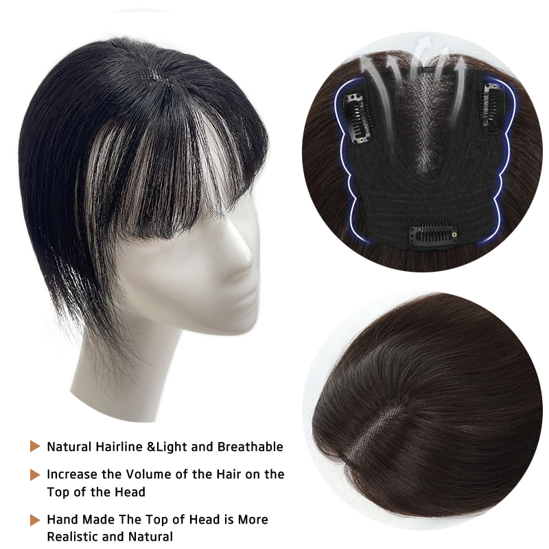 スイスレースの見えないトッパー,女性用,人間の髪の毛のエクステンション,フリンジ付き,25cm, 13x12cm