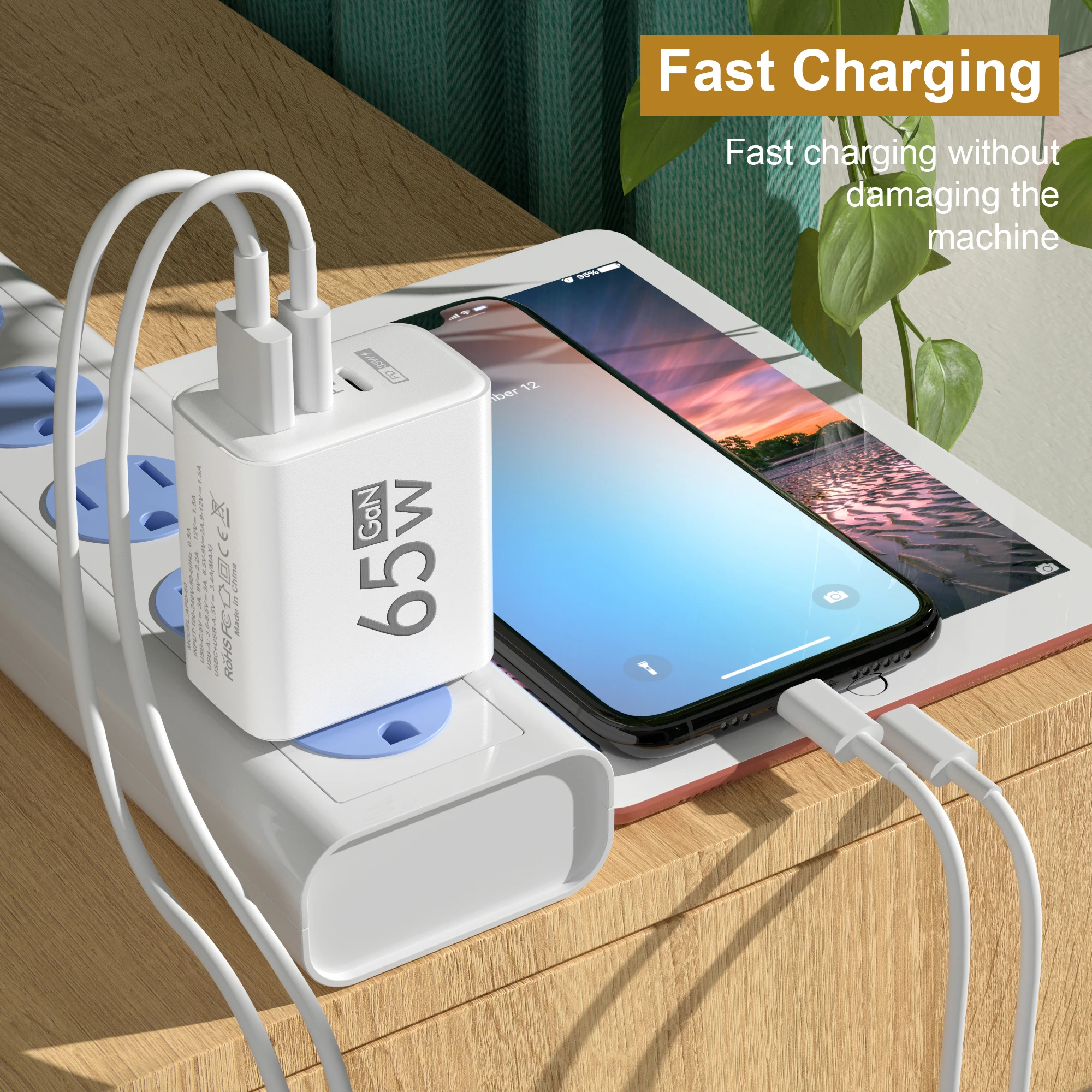 PD 65 Вт USB C Зарядное устройство GaN Зарядное устройство Quick Charge 3.0 Тип C Телефонный адаптер для iPhone 15 14 Samsung Xiaomi 3 порта Быстрое настенное зарядное устройство