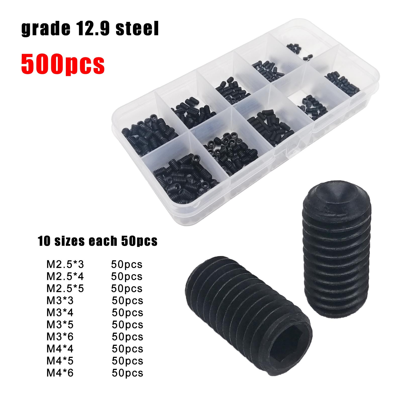 500/1500 pçs M2-M8 din916 aço preto 304 hexágono soquete allen copo ponto conjunto parafuso grub parafuso sortimento kit