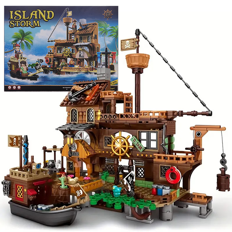 Criativo medieval ilha pirata fortaleza castelo blocos de construção navio aventura log cabine modelo barco montar tijolos brinquedo presente do miúdo