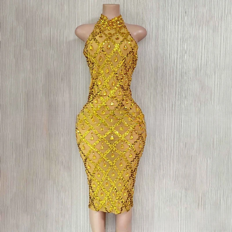 Golden Evening Dress Ladies Ladies Sexy Rhinestone Birthday Nightclub Dresses for Women 2025 Robe De Soiree Elegante Pour Femme
