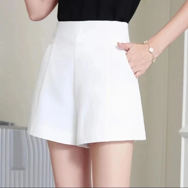 Frauen Shorts Frühling Sommer Casual Hohe Taille A-line Shorts Lose Breite Bein Shorts Chic Dame Schwarz Weiß Anzug Shorts
