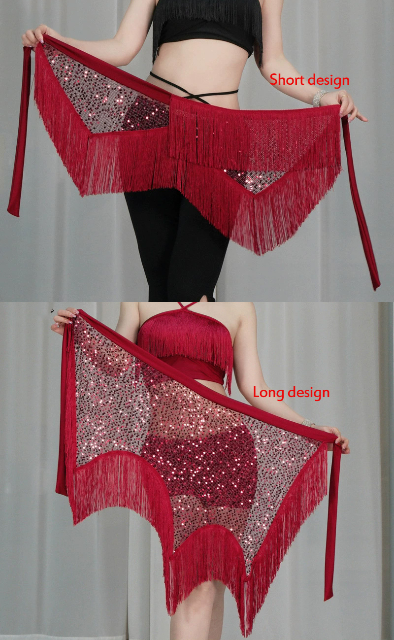 Women Bellydance Clothes Long Fringe Irregular Fishnet Shimmy Belt Belly Dance Hip Scarf Sparkle Sequins Tie Wraps