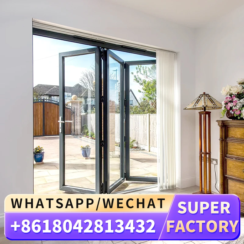 อลูมิเนียมกระจกเลื่อนประตูพับ Patio ภายนอก Bifold ประตู Double Glazing อลูมิเนียม Bi พับประตูสําหรับ Store