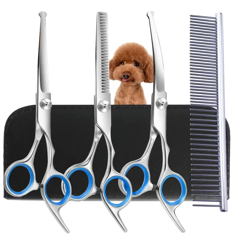 Ensemble de ciseaux de toilettage pour animaux de compagnie en acier inoxydable avec pointe ronde de sécurité-cisailles professionnelles pour chiens et chats