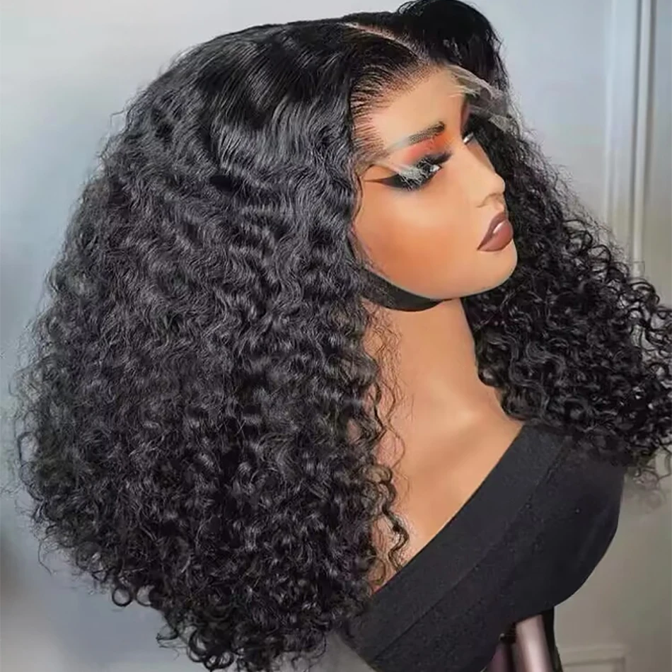 13x4 curto encaracolado bob peruca de cabelo humano brasileiro 4x4 perucas dianteiras do laço frontal onda profunda peruca para preto 250% peruca sem cola
