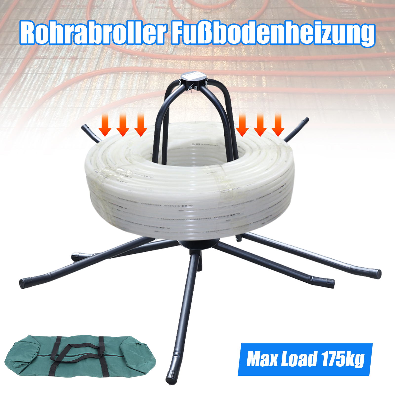Pipe Reel Dispenser for Underfloor Heating with Bag Black Up To 175kg Straightener Unwinder