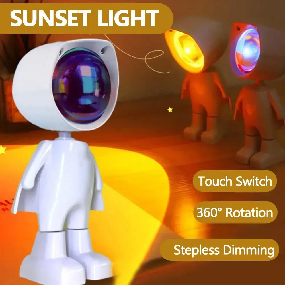 Recarregável astronauta robô arco-íris projeção sol lâmpada mesa luz da noite pôr do sol lâmpada infinita escurecimento quarto atmosfera luz