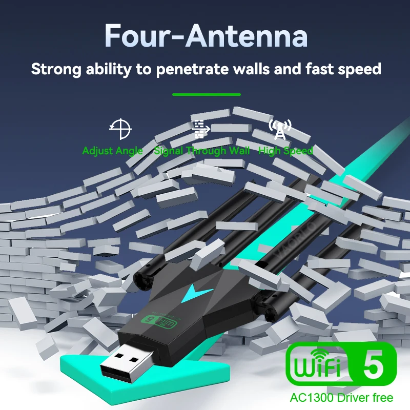 デュアルバンドwifi usbアダプター,1300mbps,2.4g,5ghz,usb3.0,802.11ac,4アンテナ,PC,ラップトップ,ドライバー用のワイヤレスレシーバー,無料
