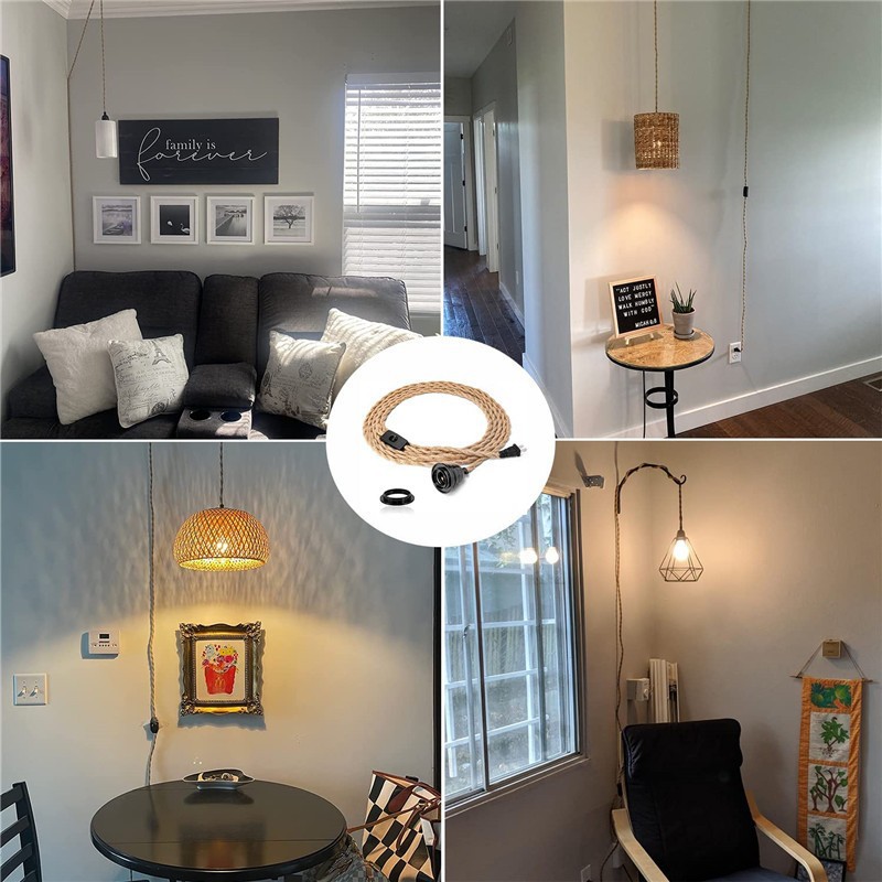 Genixgreen DIY Twisted Cord Lampensockel Seil Elektrokabel 2 Kern 2M 3M E27 EU-Stecker Kunststoffsockel Vintage ON OFF Schalterkabel