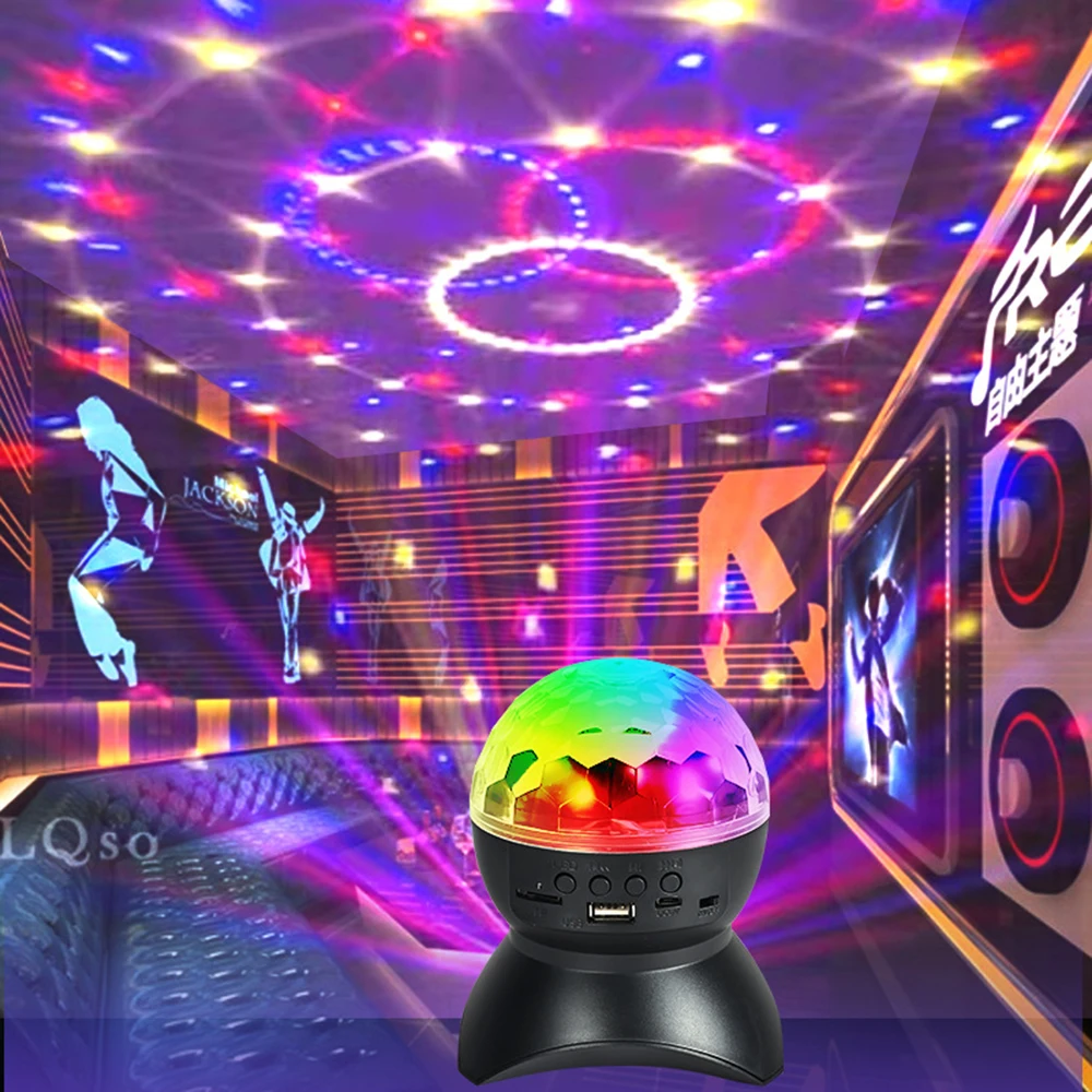 ลําโพงดีเจดิสโก้บอลไร้สายบลูทูธเพลงหมุนเวทีแสง RGB Strobe เลเซอร์โปรเจคเตอร์แบบชาร์จไฟได้ Party Light