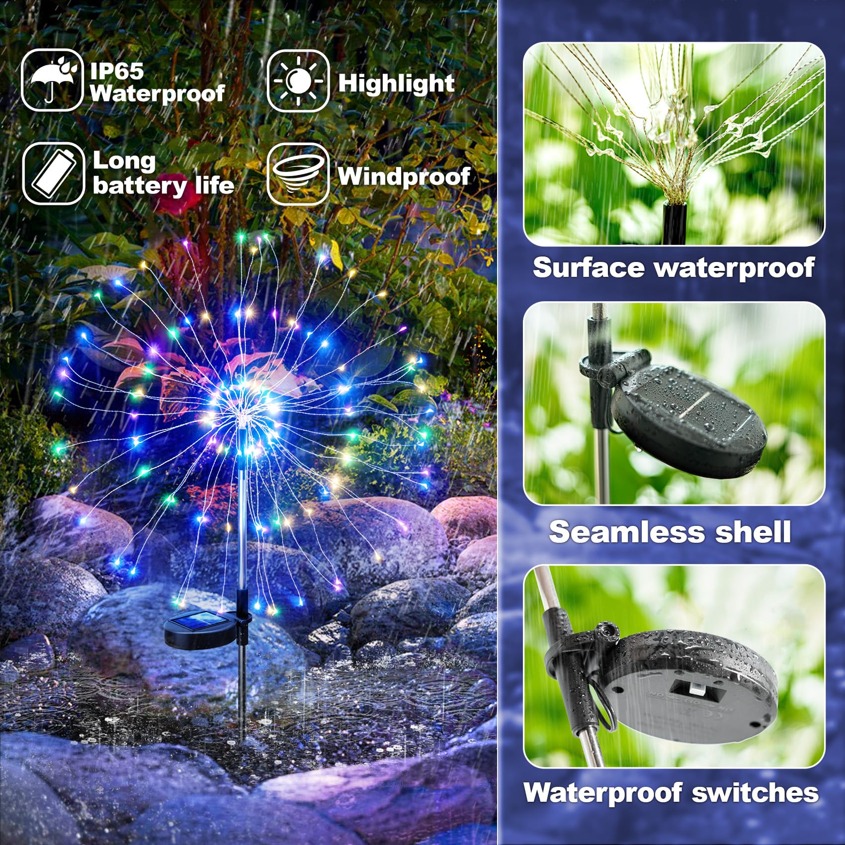 Outdoor Decorative 200LED Solar Fireworks Light Multicolor Starburst Lamps with 8 Lighting Modes,Waterproof for Garden Yard Path